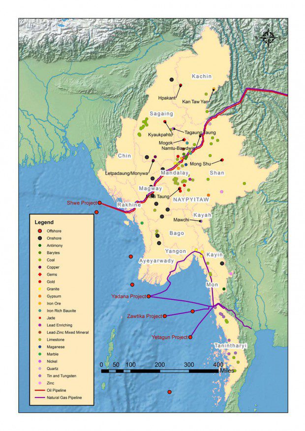 ミャンマーの天然資源の地図